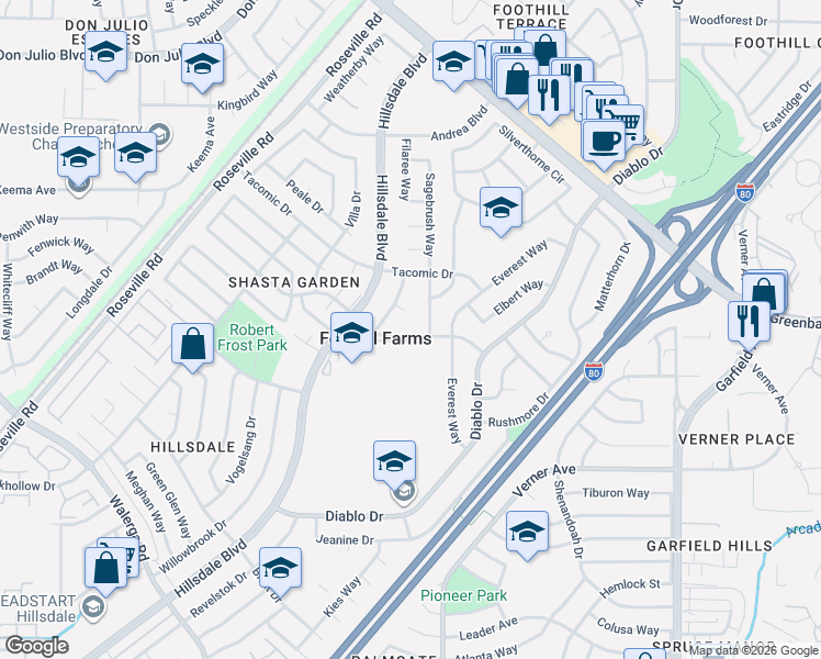 map of restaurants, bars, coffee shops, grocery stores, and more near 5037 McCloud Drive in Sacramento