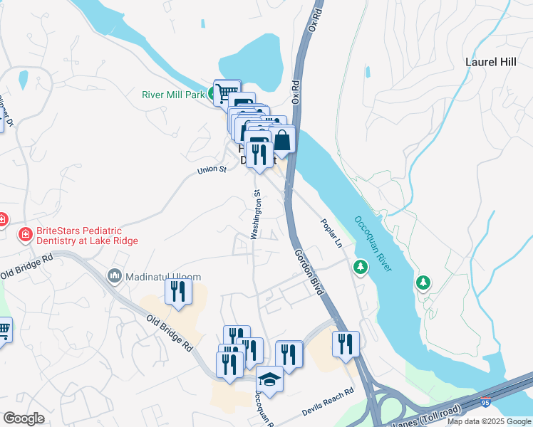 map of restaurants, bars, coffee shops, grocery stores, and more near 102 East Locust Street in Occoquan Historic District