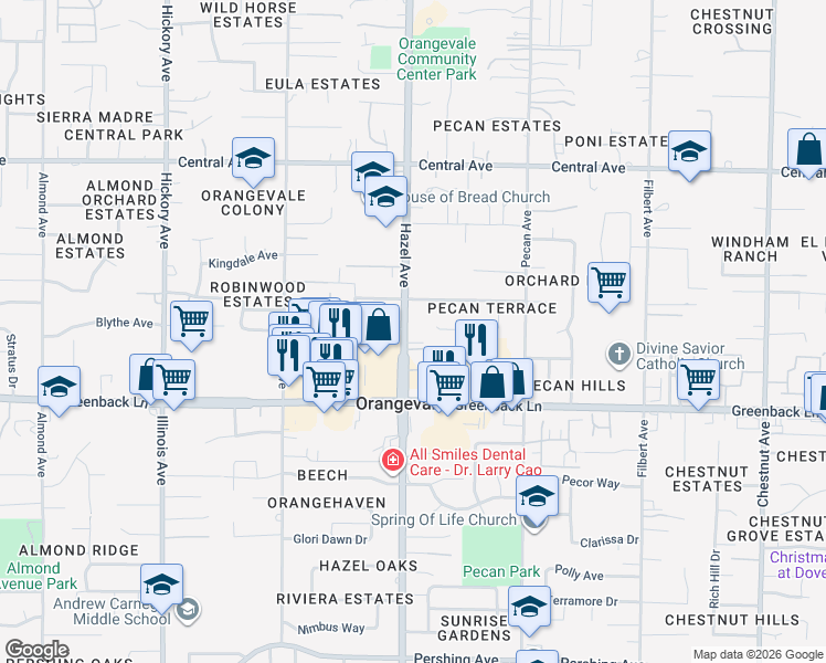 map of restaurants, bars, coffee shops, grocery stores, and more near 6318 Hazel Avenue in Orangevale