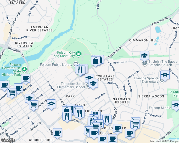 map of restaurants, bars, coffee shops, grocery stores, and more near 63 Natoma Street in Folsom