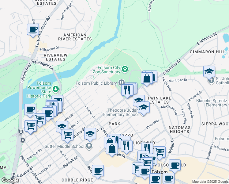 map of restaurants, bars, coffee shops, grocery stores, and more near 500 Stafford Street in Folsom