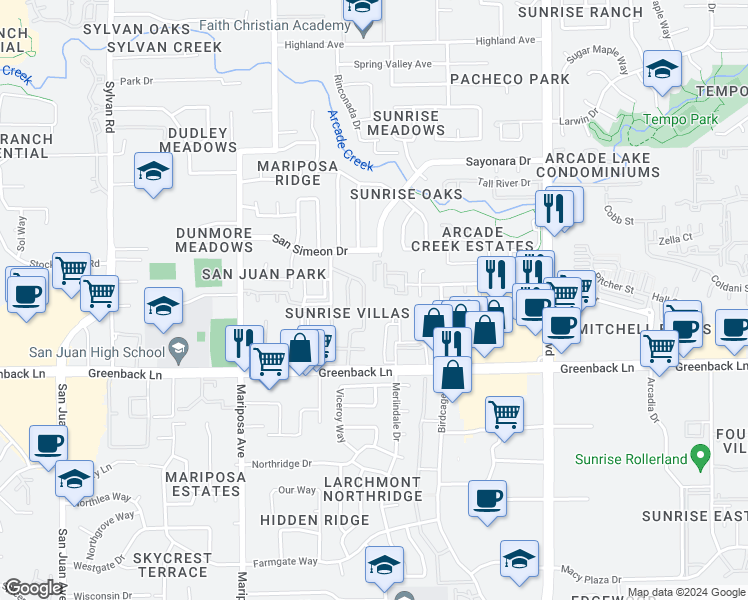 map of restaurants, bars, coffee shops, grocery stores, and more near 7711 Greenback Lane in Citrus Heights