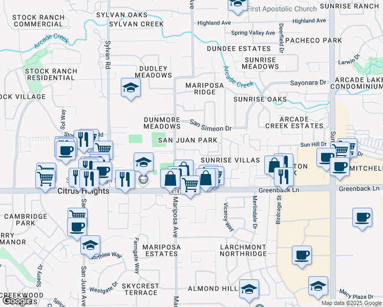 map of restaurants, bars, coffee shops, grocery stores, and more near 6316 Mariposa Avenue in Citrus Heights