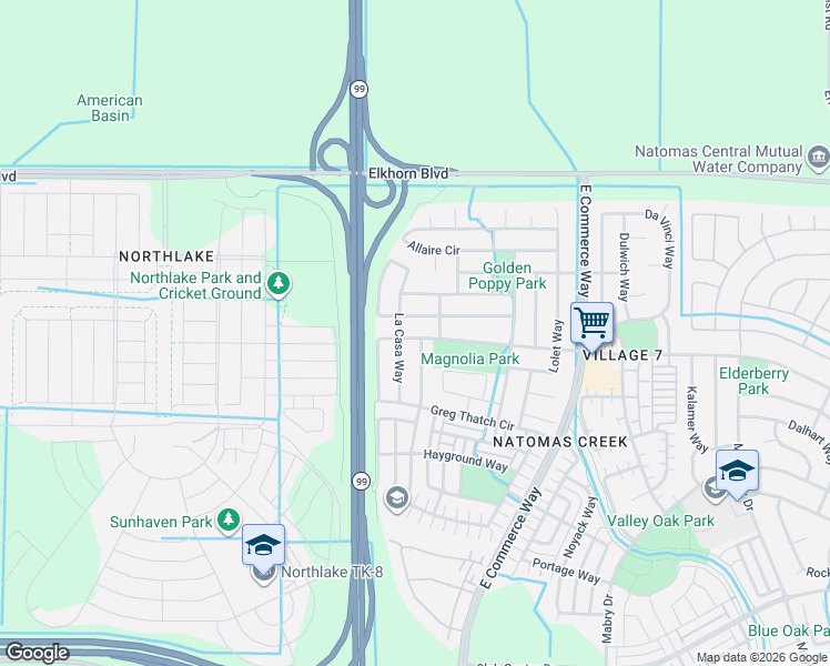 map of restaurants, bars, coffee shops, grocery stores, and more near 5684 Los Pueblos Way in Sacramento