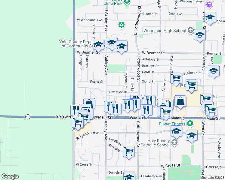 map of restaurants, bars, coffee shops, grocery stores, and more near 282 Riverside Drive in Woodland