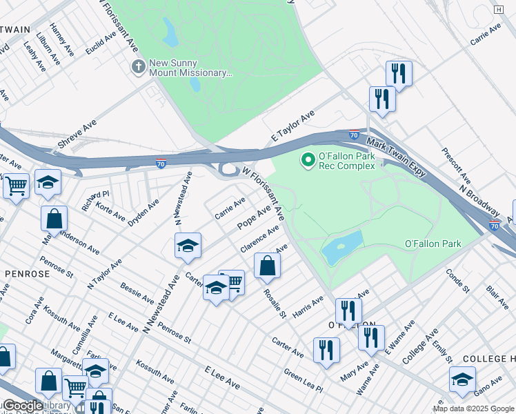 map of restaurants, bars, coffee shops, grocery stores, and more near 4651 Pope Avenue in St. Louis
