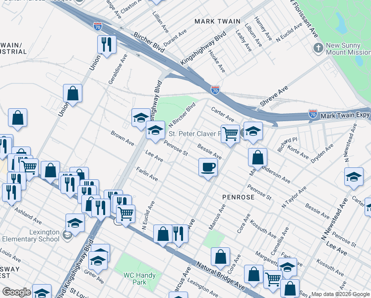 map of restaurants, bars, coffee shops, grocery stores, and more near 4885 Penrose Street in St. Louis