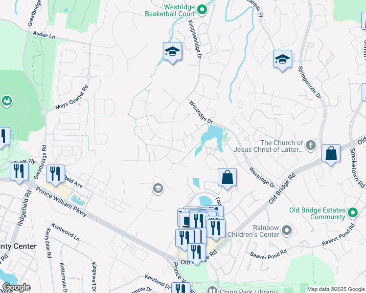 map of restaurants, bars, coffee shops, grocery stores, and more near 4281 Berwick Place in Woodbridge