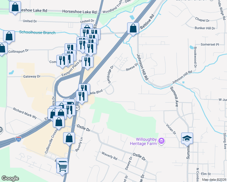 map of restaurants, bars, coffee shops, grocery stores, and more near 1040 Lafayette Court in Collinsville
