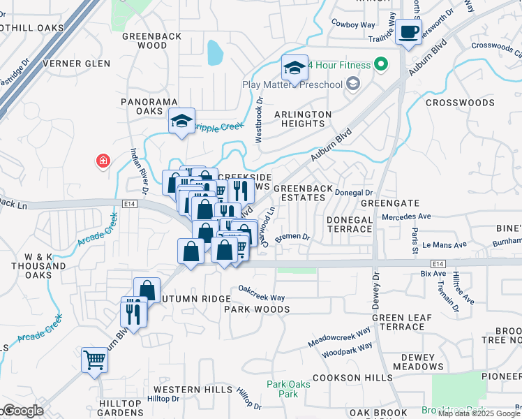 map of restaurants, bars, coffee shops, grocery stores, and more near 6338 Charwood Lane in Citrus Heights
