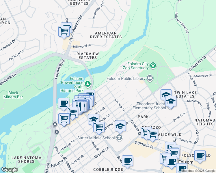 map of restaurants, bars, coffee shops, grocery stores, and more near 317 Leidesdorff Street in Folsom