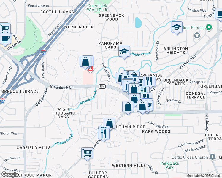 map of restaurants, bars, coffee shops, grocery stores, and more near 6200 Greenback Lane in Citrus Heights