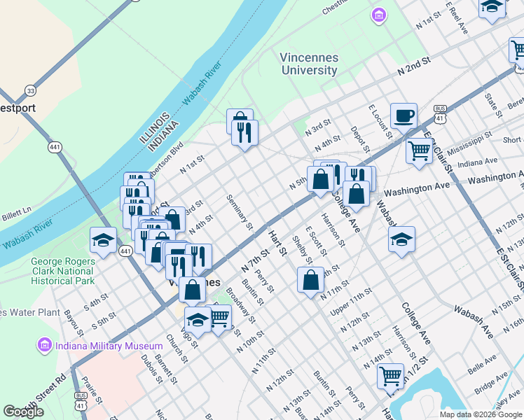 map of restaurants, bars, coffee shops, grocery stores, and more near 515 North 5th Street in Vincennes