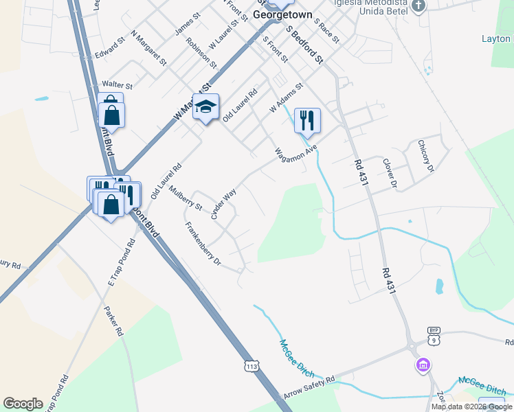 map of restaurants, bars, coffee shops, grocery stores, and more near 8 Boisenberry Lane in Georgetown