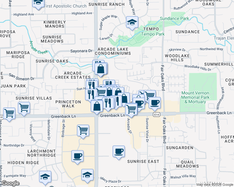 map of restaurants, bars, coffee shops, grocery stores, and more near 7972 Arcadia Drive in Citrus Heights