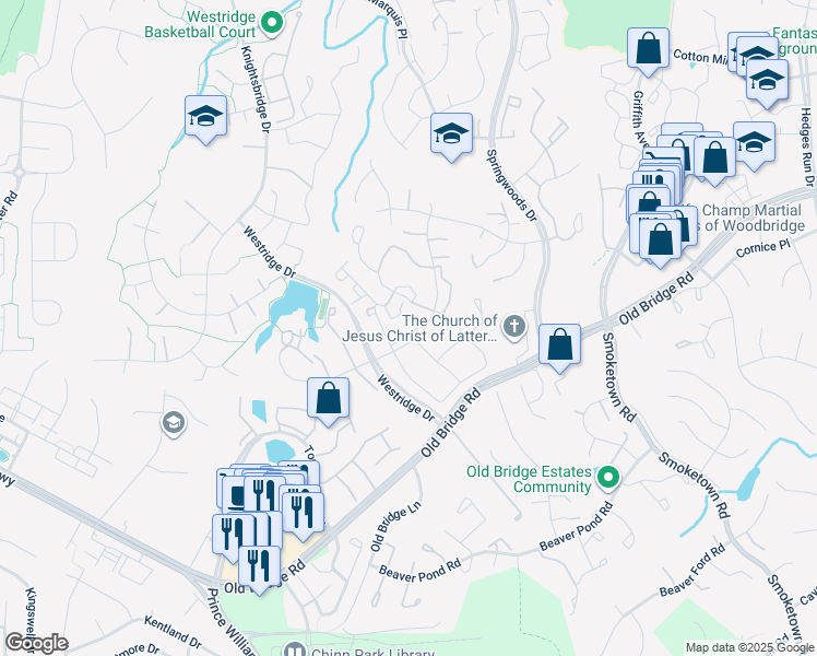 map of restaurants, bars, coffee shops, grocery stores, and more near 4017 Chetham Way in Woodbridge