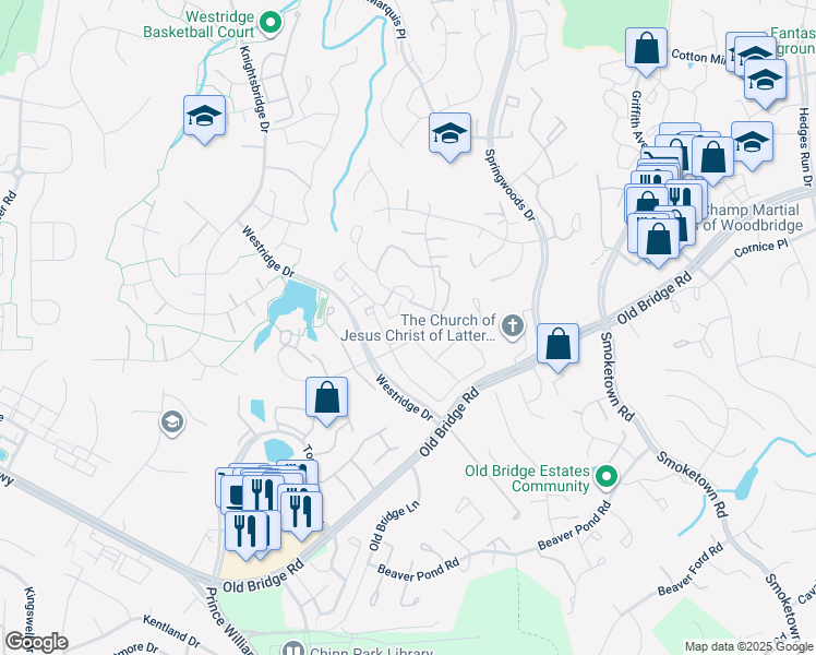 map of restaurants, bars, coffee shops, grocery stores, and more near 4017 Chetham Way in Woodbridge