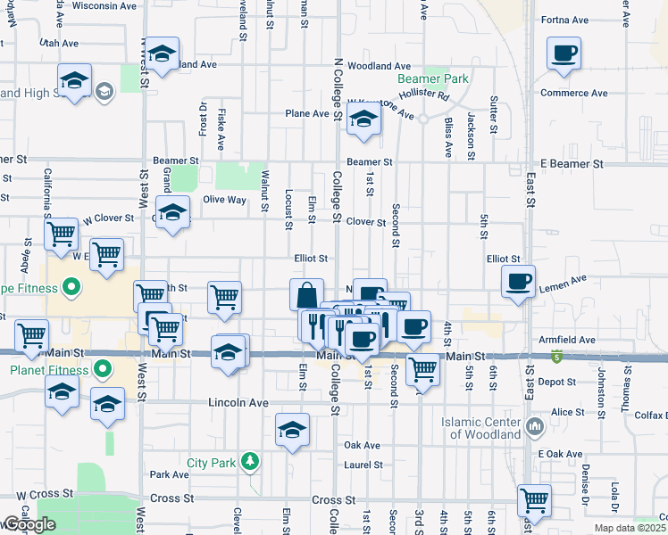 map of restaurants, bars, coffee shops, grocery stores, and more near 162 College Street in Woodland