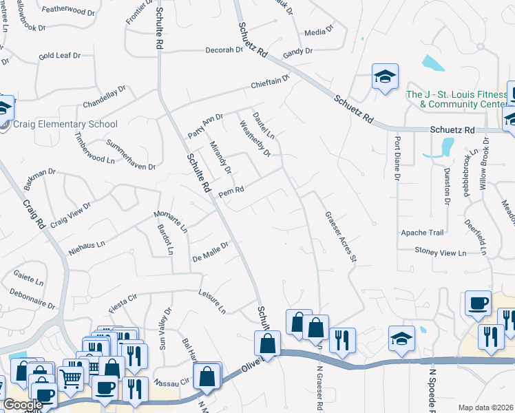 map of restaurants, bars, coffee shops, grocery stores, and more near 6 Seawood Court in St. Louis