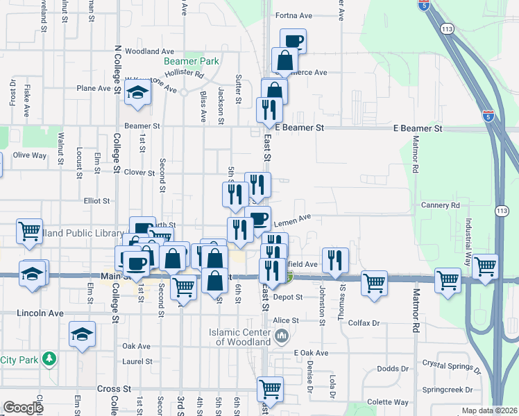 map of restaurants, bars, coffee shops, grocery stores, and more near 1038 Elliot Street in Woodland