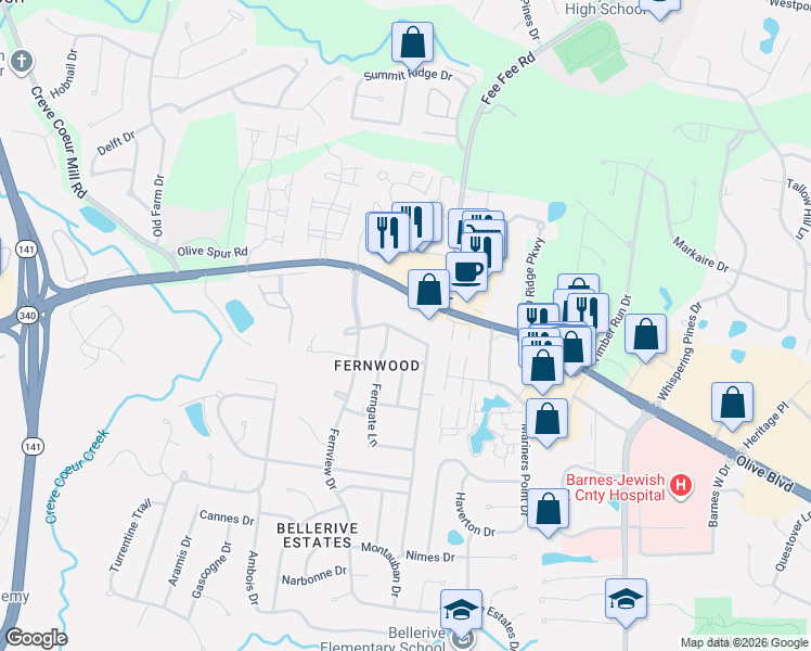 map of restaurants, bars, coffee shops, grocery stores, and more near 12924 Fernway Lane in Creve Coeur