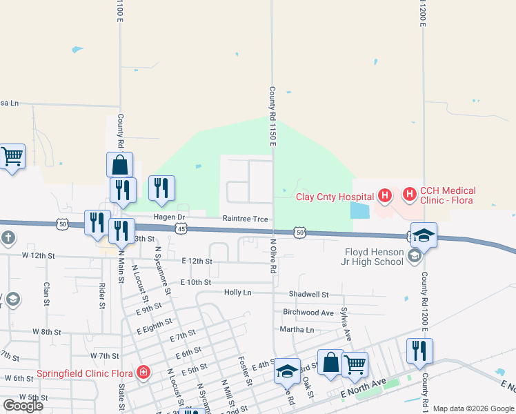 map of restaurants, bars, coffee shops, grocery stores, and more near 1-84 Raintree Trce in Flora