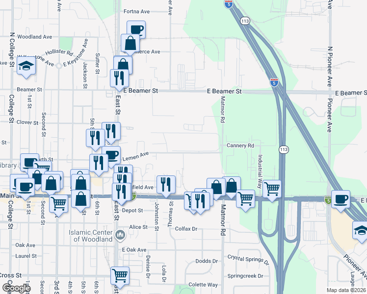 map of restaurants, bars, coffee shops, grocery stores, and more near 1249 Donnelly Circle in Woodland