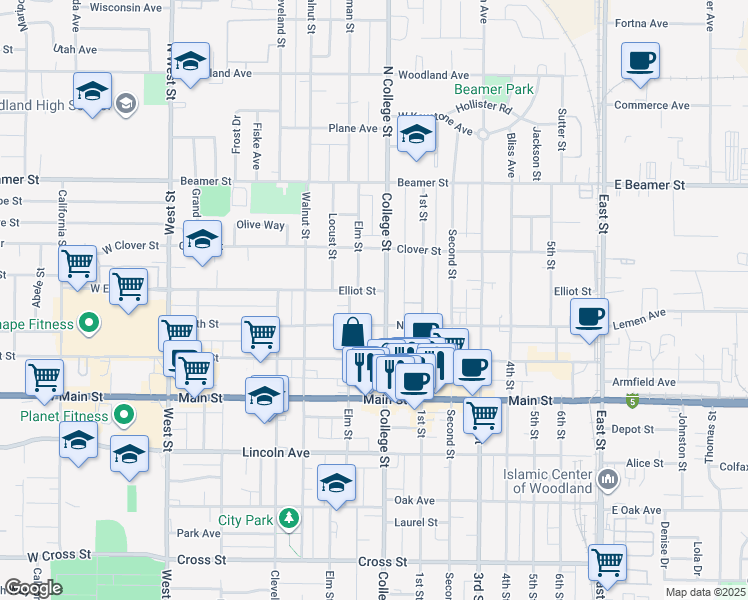 map of restaurants, bars, coffee shops, grocery stores, and more near 169 College Street in Woodland
