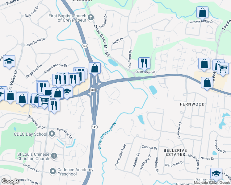 map of restaurants, bars, coffee shops, grocery stores, and more near 13205 Matador Drive in St. Louis