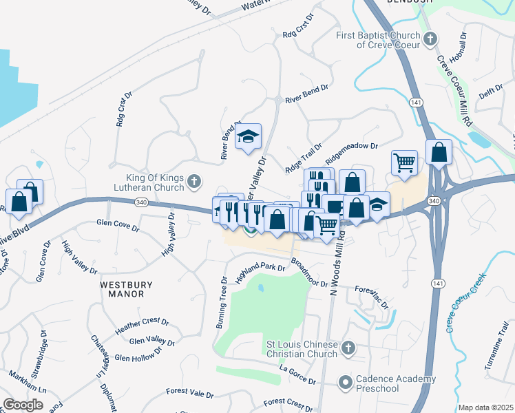 map of restaurants, bars, coffee shops, grocery stores, and more near 13630 Riverway Drive in Chesterfield