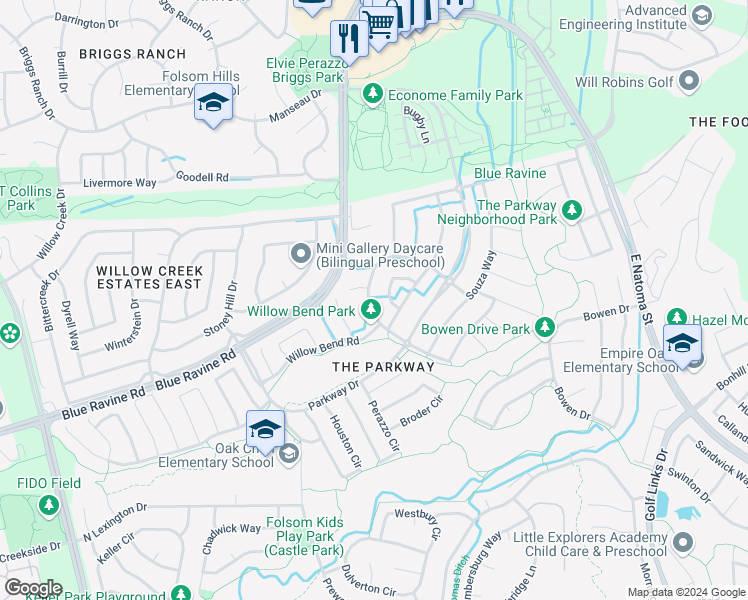 map of restaurants, bars, coffee shops, grocery stores, and more near 1154 Scheidegger Circle in Folsom