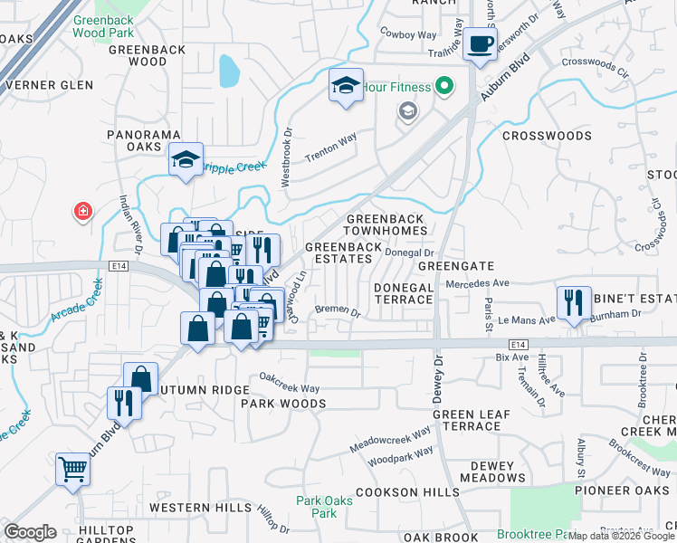 map of restaurants, bars, coffee shops, grocery stores, and more near 6245 Cavan Drive in Citrus Heights