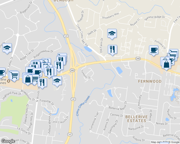 map of restaurants, bars, coffee shops, grocery stores, and more near 13205 Matador Drive in St. Louis