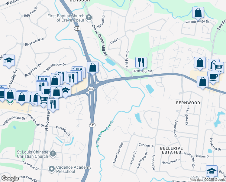 map of restaurants, bars, coffee shops, grocery stores, and more near 13205 Matador Drive in St. Louis