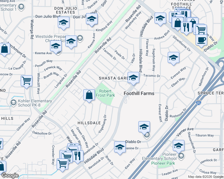 map of restaurants, bars, coffee shops, grocery stores, and more near 6030 Ogden Nash Way in Sacramento