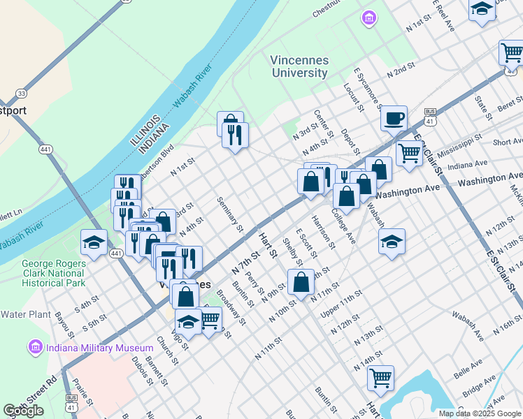 map of restaurants, bars, coffee shops, grocery stores, and more near 509 Shelby Street in Vincennes