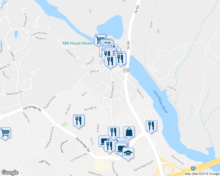 map of restaurants, bars, coffee shops, grocery stores, and more near 107 West Locust Street in Woodbridge