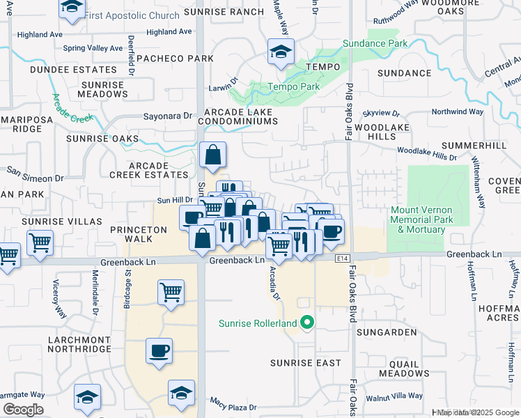 map of restaurants, bars, coffee shops, grocery stores, and more near 7983 Arcadia Drive in Citrus Heights