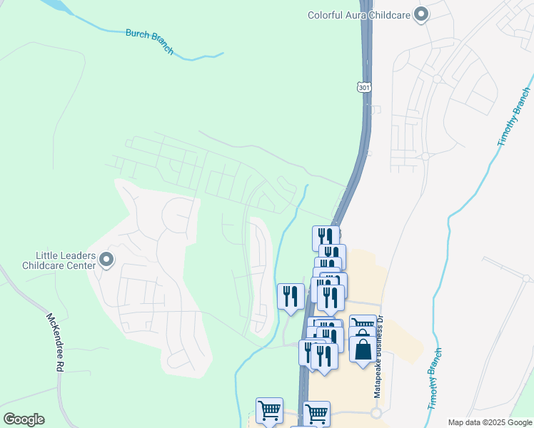 map of restaurants, bars, coffee shops, grocery stores, and more near 7427 Fern Gully Way in Brandywine