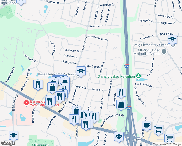 map of restaurants, bars, coffee shops, grocery stores, and more near 12401 Betsy Ross Lane in St. Louis