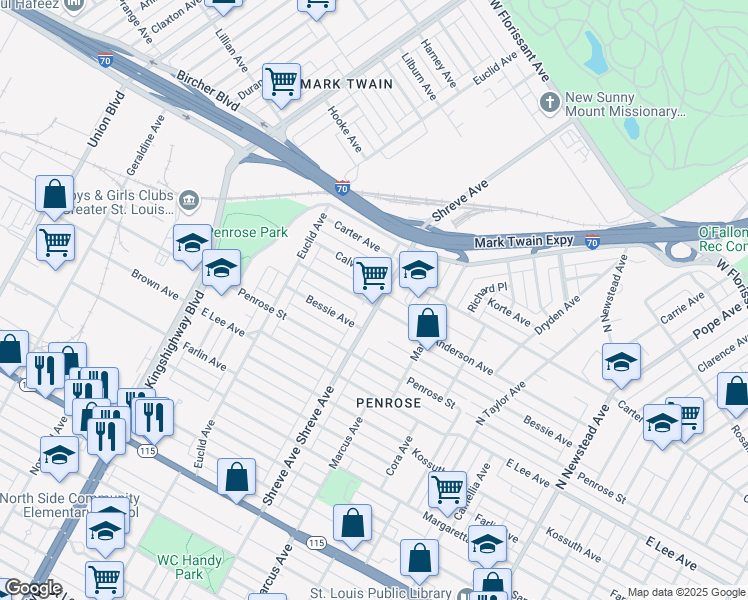 map of restaurants, bars, coffee shops, grocery stores, and more near in St. Louis