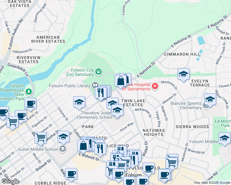 map of restaurants, bars, coffee shops, grocery stores, and more near 51 Natoma Street in Folsom