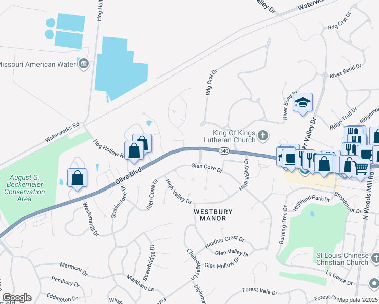 map of restaurants, bars, coffee shops, grocery stores, and more near 13916 Olive Boulevard in Chesterfield