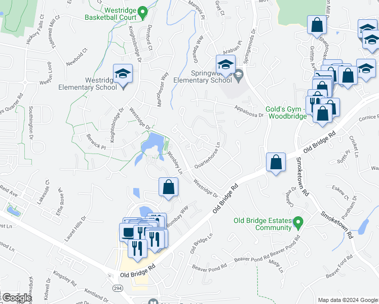 map of restaurants, bars, coffee shops, grocery stores, and more near 4127 Churchman Way in Woodbridge