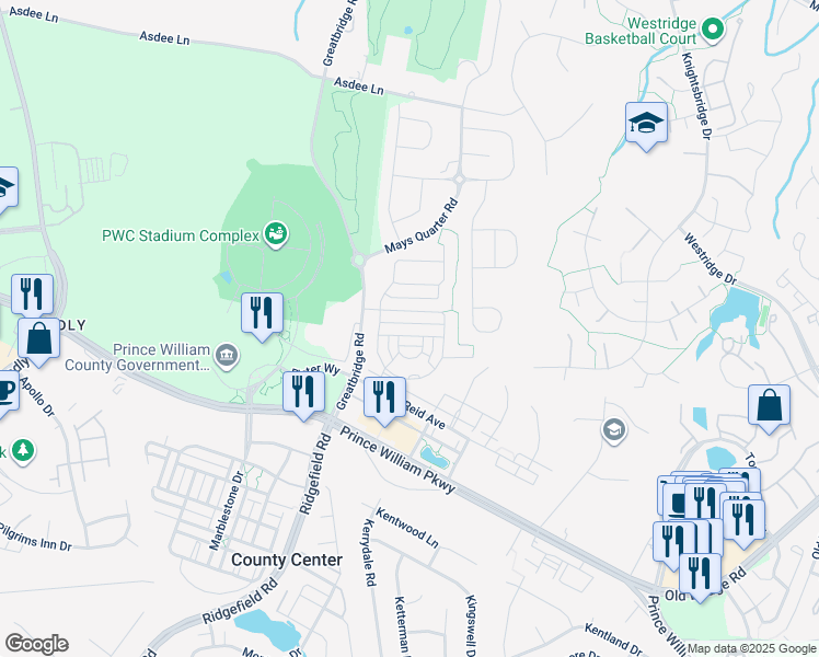 map of restaurants, bars, coffee shops, grocery stores, and more near 4424 Simpson Mill Way in Woodbridge