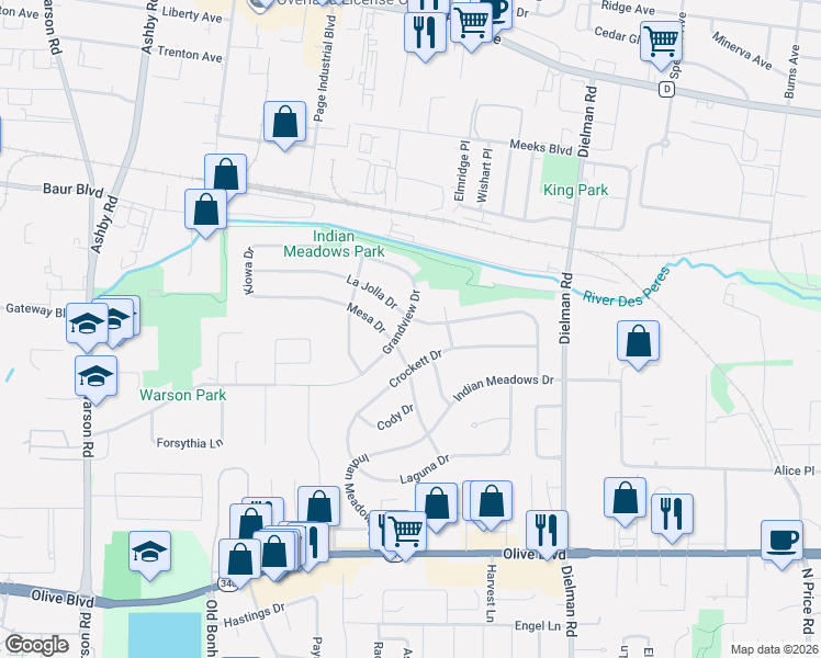 map of restaurants, bars, coffee shops, grocery stores, and more near 1252 Mesa Drive in Olivette