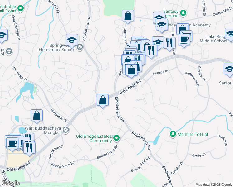 map of restaurants, bars, coffee shops, grocery stores, and more near Old Bridge Rd & Smoketown Rd in Lake Ridge