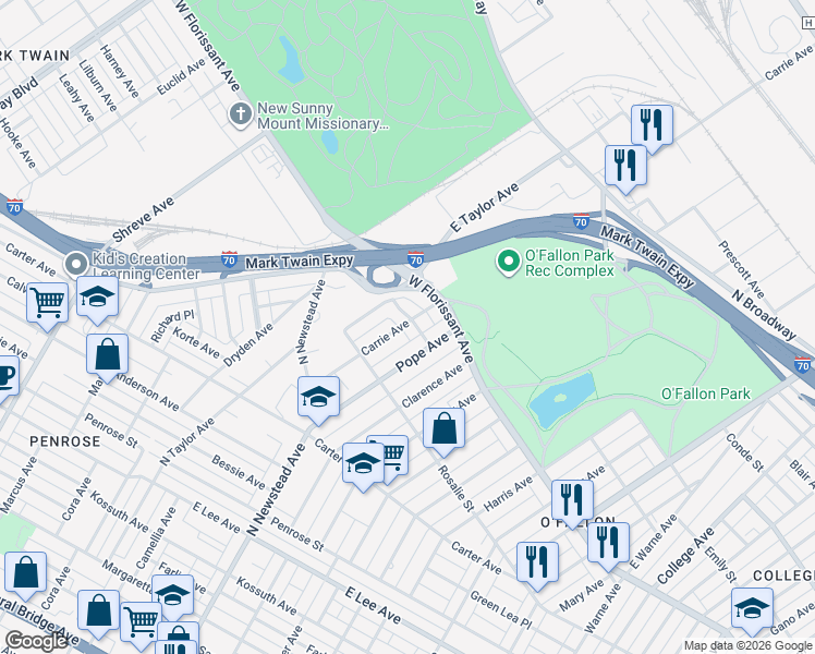map of restaurants, bars, coffee shops, grocery stores, and more near 4651 Pope Avenue in St. Louis