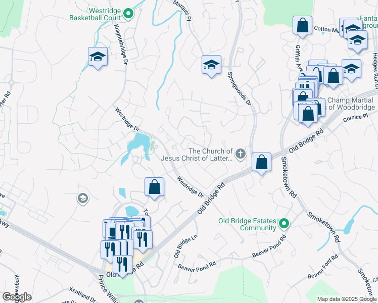 map of restaurants, bars, coffee shops, grocery stores, and more near 4053 Chetham Way in Woodbridge