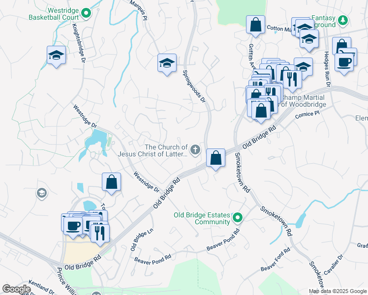 map of restaurants, bars, coffee shops, grocery stores, and more near 3838 Ogilvie Court in Woodbridge